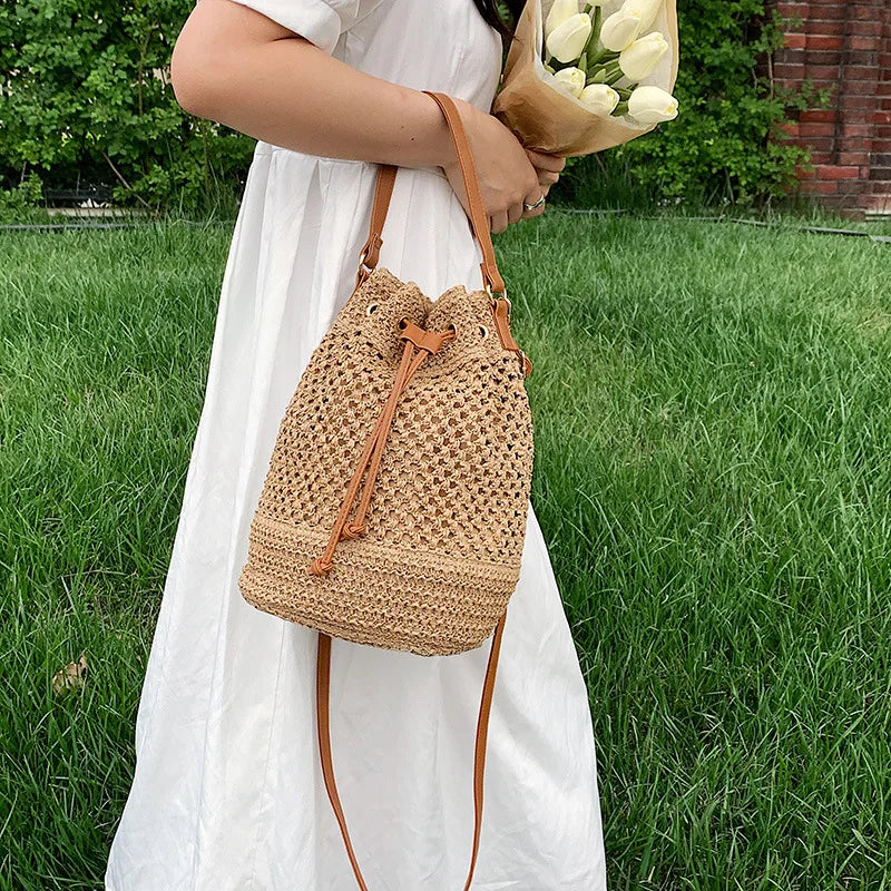 Woven Straw Bag Ladies Bucket Crossbody Bag | Summer Beach Bag Retro Travel Shoulder Bags | Small Travel Purse and Handbag For Women |