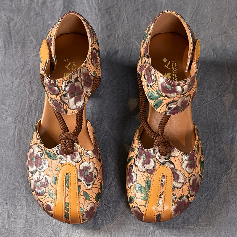 New Women Sandals | Genuine Leather Print | Thick Heels Sandals Retro Style Round Toe | Casual High Heel Shoes