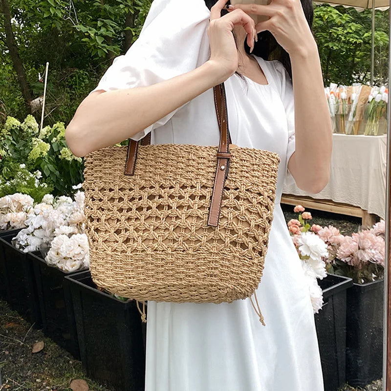 Casual Rattan Large Capacity Shopping Tote | Wicker Woven Women Handbags | Summer Beach Straw Bag | Lady Travel Big Basket
