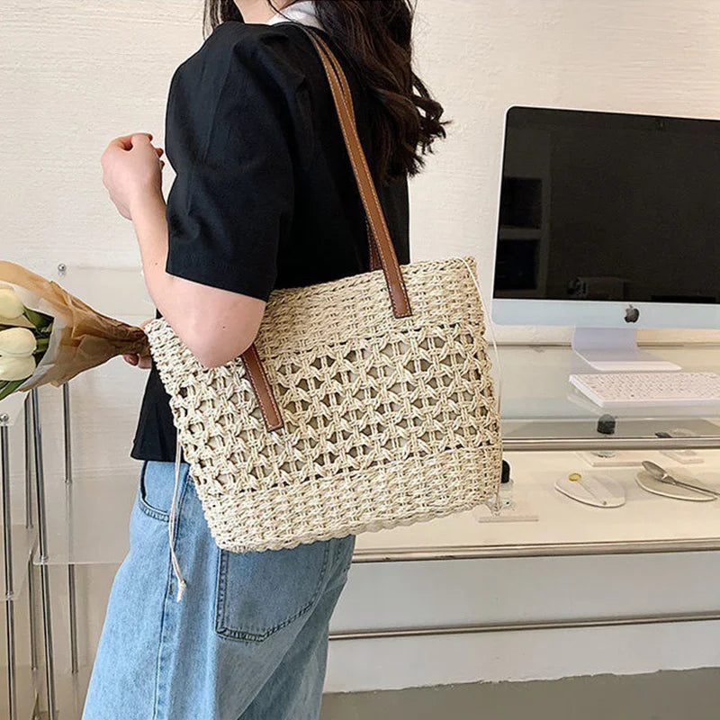 Casual Rattan Large Capacity Shopping Tote | Wicker Woven Women Handbags | Summer Beach Straw Bag | Lady Travel Big Basket