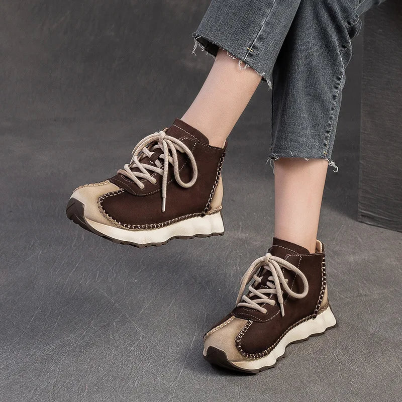 Genuine Leather Sneakers| Women Shoes Lace-up | Platform Flat Handmade Leisure Comfortable Ladies Shoes