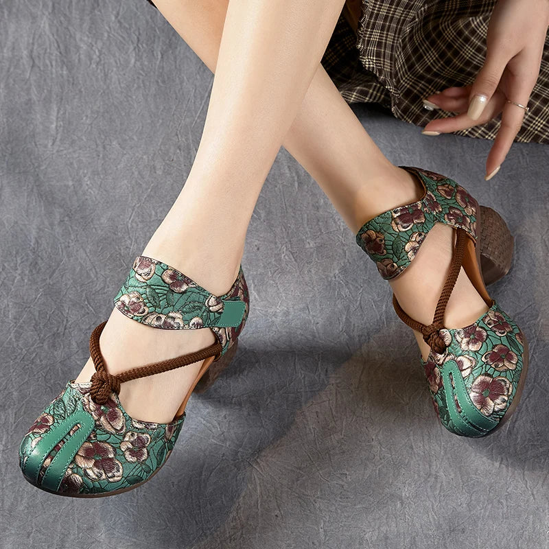 New Women Sandals | Genuine Leather Print | Thick Heels Sandals Retro Style Round Toe | Casual High Heel Shoes