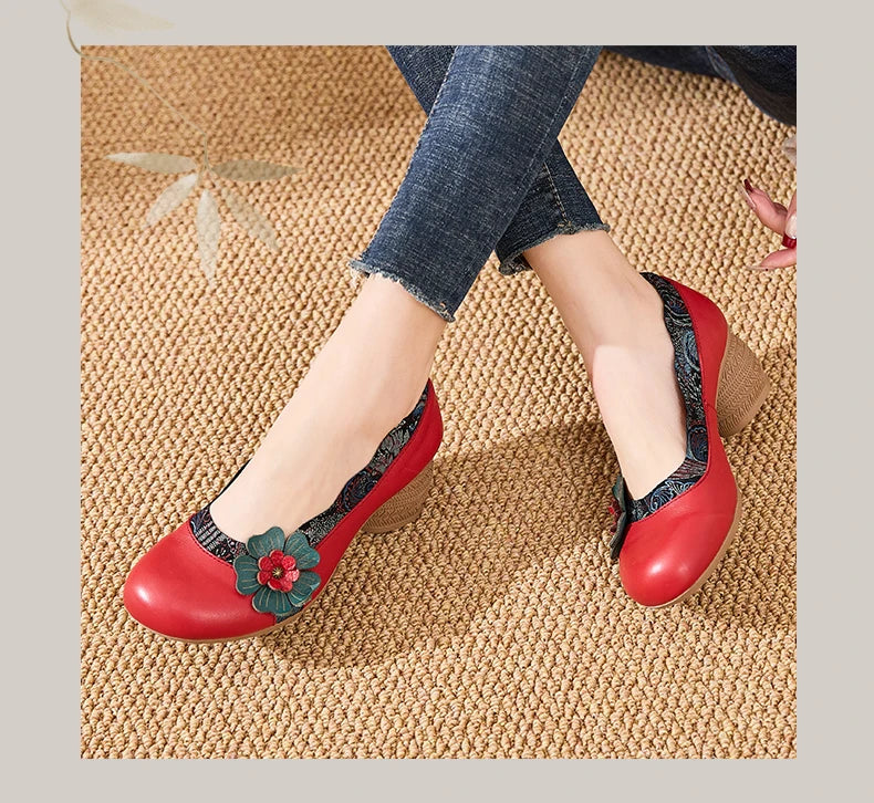 Spring Flower Genuine Cow Leather Shoes | Women Shoes Elegant Fashion Shoes
| Woman Retro Handmade Shoes High Heels