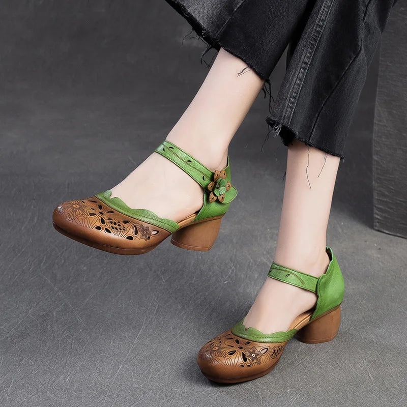 Women Sandals | Genuine Leather Thick Heels Sandals | Retro Style Round Toe Casual High Heel Doll Shoes