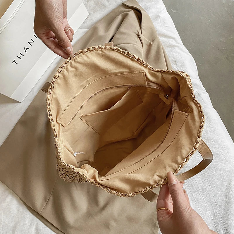 Hollow Woven Straw Bag | Round Shoulder Bag | Large Capacity Simple Round Woven Beach Bag