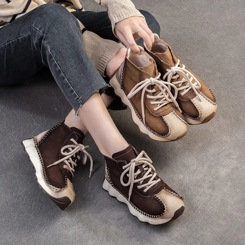 Genuine Leather Sneakers| Women Shoes Lace-up | Platform Flat Handmade Leisure Comfortable Ladies Shoes