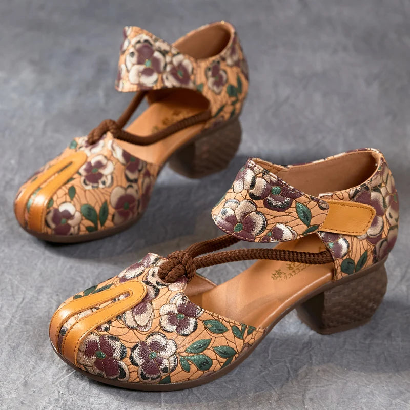 New Women Sandals | Genuine Leather Print | Thick Heels Sandals Retro Style Round Toe | Casual High Heel Shoes