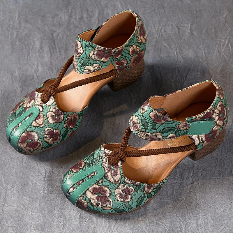 New Women Sandals | Genuine Leather Print | Thick Heels Sandals Retro Style Round Toe | Casual High Heel Shoes