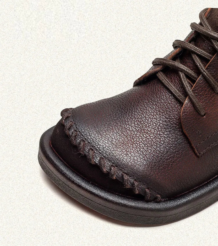 Coffee Square Toe Lace Up Thick Soled Boots For Women Platform Ankle Boots Genuine Leather Autumn Luxury Sewing Causal Shoes