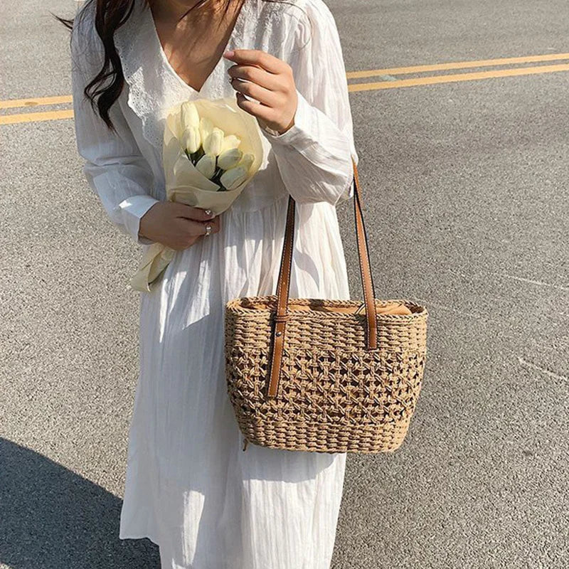 Casual Rattan Large Capacity Shopping Tote | Wicker Woven Women Handbags | Summer Beach Straw Bag | Lady Travel Big Basket