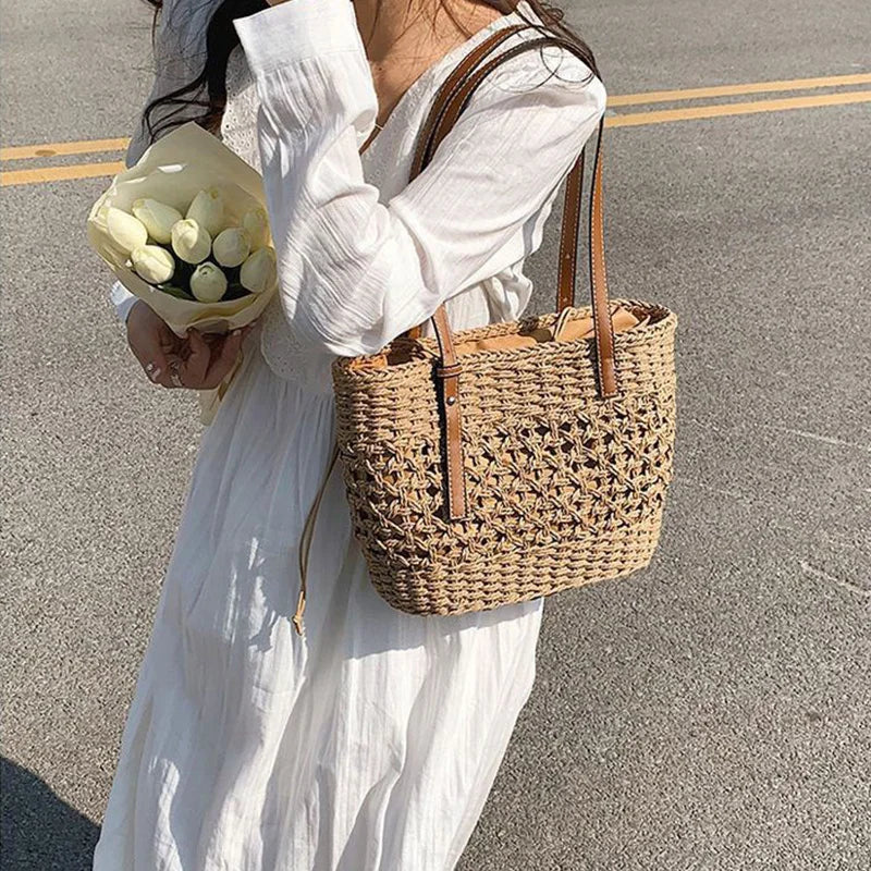 Casual Rattan Large Capacity Shopping Tote | Wicker Woven Women Handbags | Summer Beach Straw Bag | Lady Travel Big Basket