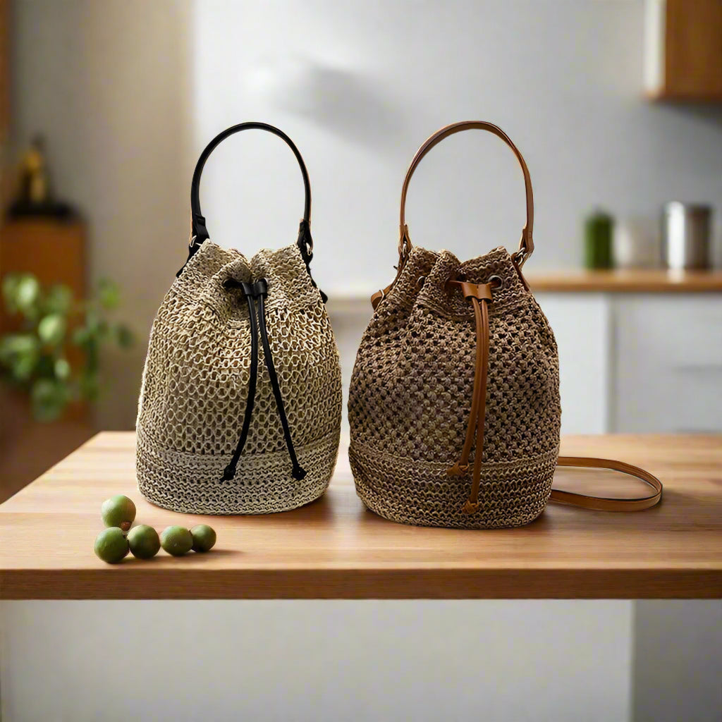 Woven Straw Bag Ladies Bucket Crossbody Bag | Summer Beach Bag Retro Travel Shoulder Bags | Small Travel Purse and Handbag For Women |