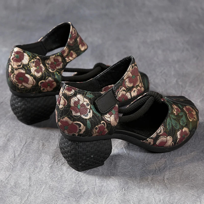 New Women Sandals | Genuine Leather Print | Thick Heels Sandals Retro Style Round Toe | Casual High Heel Shoes