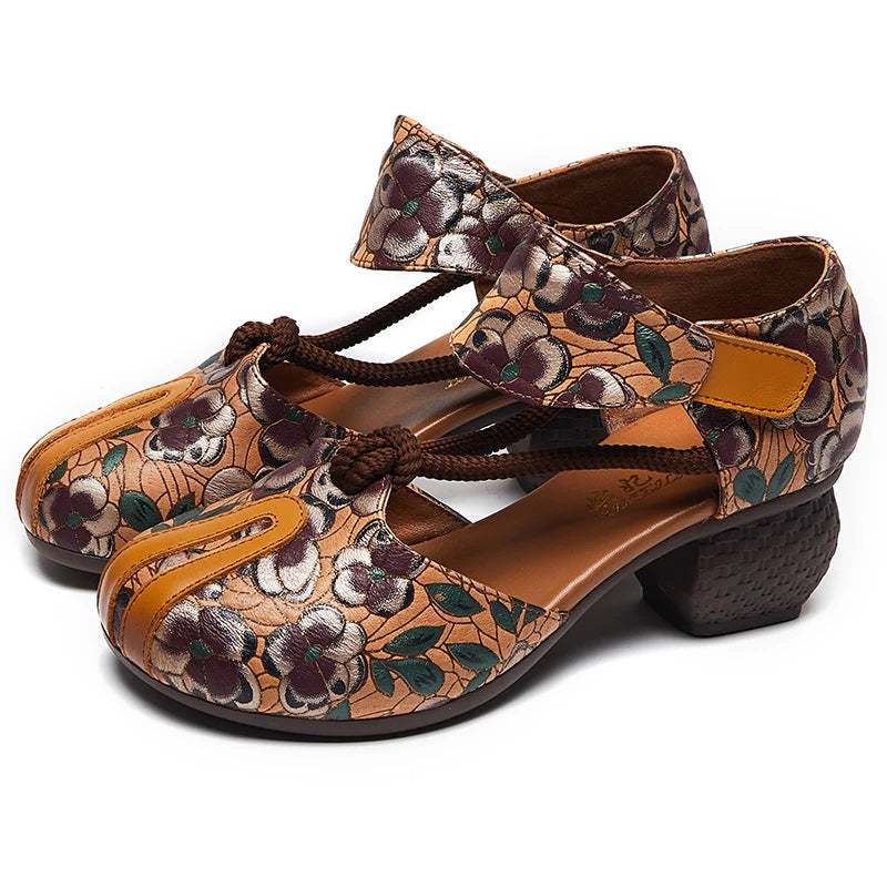 New Women Sandals | Genuine Leather Print | Thick Heels Sandals Retro Style Round Toe | Casual High Heel Shoes