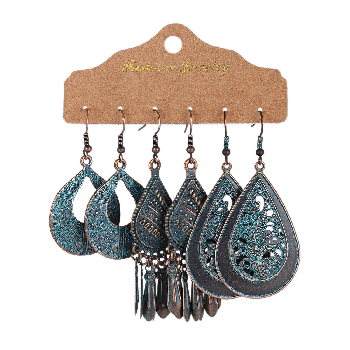 3-Pair Set Ethnic Bronze Round Geometric Dangle Earrings Set Women's Fashion Carved Hollow Design Indian Earrings Jewelry Brincos