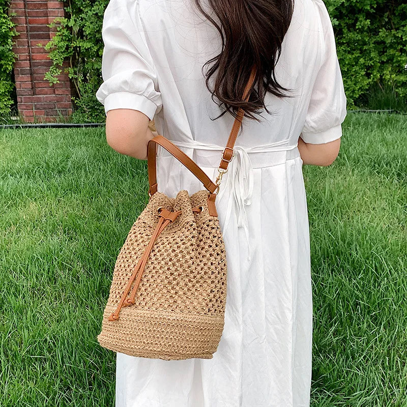 Woven Straw Bag Ladies Bucket Crossbody Bag | Summer Beach Bag Retro Travel Shoulder Bags | Small Travel Purse and Handbag For Women |