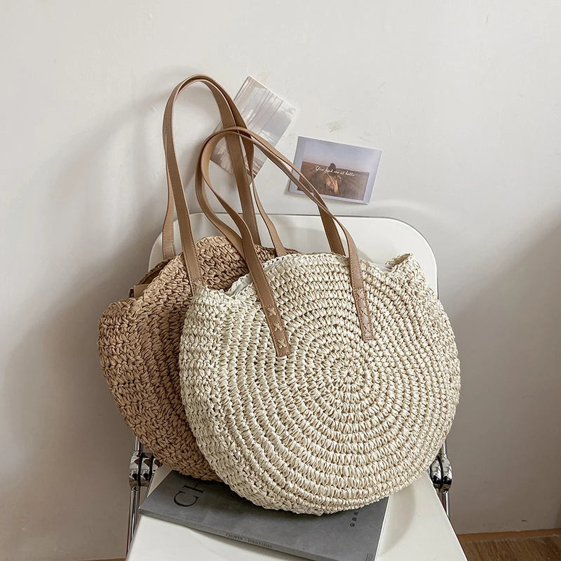 Hollow Woven Straw Bag | Round Shoulder Bag | Large Capacity Simple Round Woven Beach Bag