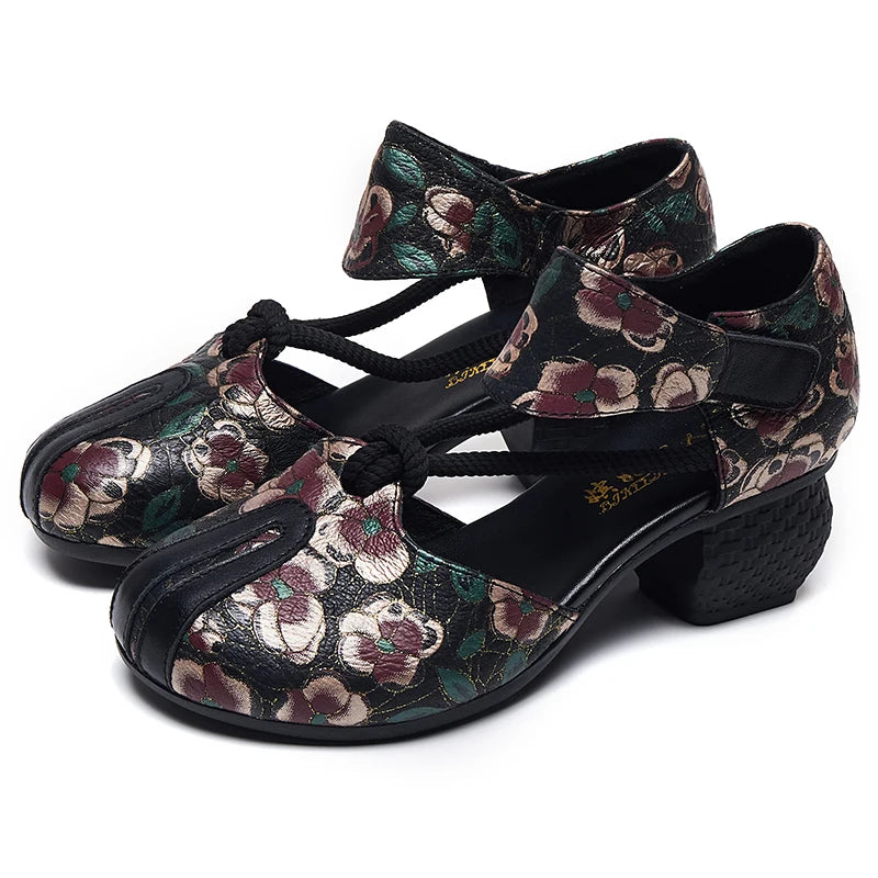 New Women Sandals | Genuine Leather Print | Thick Heels Sandals Retro Style Round Toe | Casual High Heel Shoes