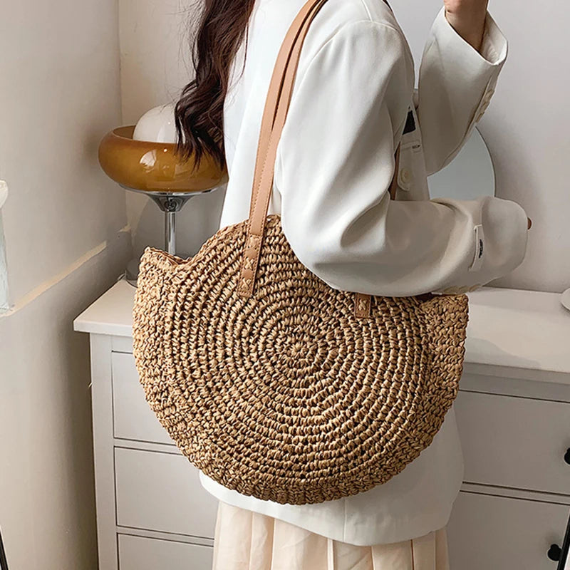 Hollow Woven Straw Bag | Round Shoulder Bag | Large Capacity Simple Round Woven Beach Bag