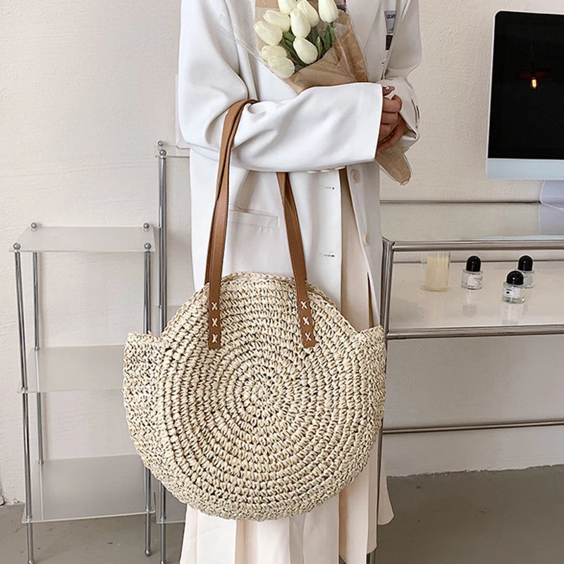 Hollow Woven Straw Bag | Round Shoulder Bag | Large Capacity Simple Round Woven Beach Bag