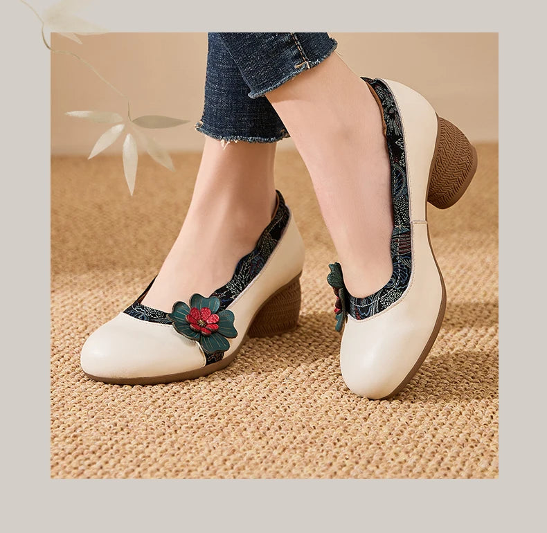 Spring Flower Genuine Cow Leather Shoes | Women Shoes Elegant Fashion Shoes
| Woman Retro Handmade Shoes High Heels