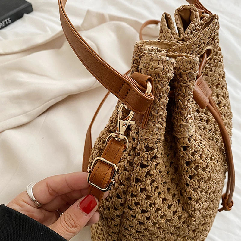 Woven Straw Bag Ladies Bucket Crossbody Bag | Summer Beach Bag Retro Travel Shoulder Bags | Small Travel Purse and Handbag For Women |