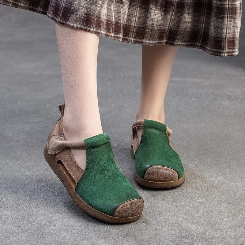 New Genuine Leather Sandals | Round Toe Hollow Retro Style Women's Shoes