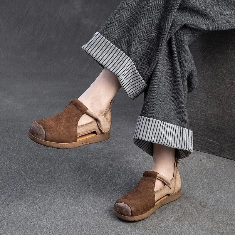 New Genuine Leather Sandals | Round Toe Hollow Retro Style Women's Shoes