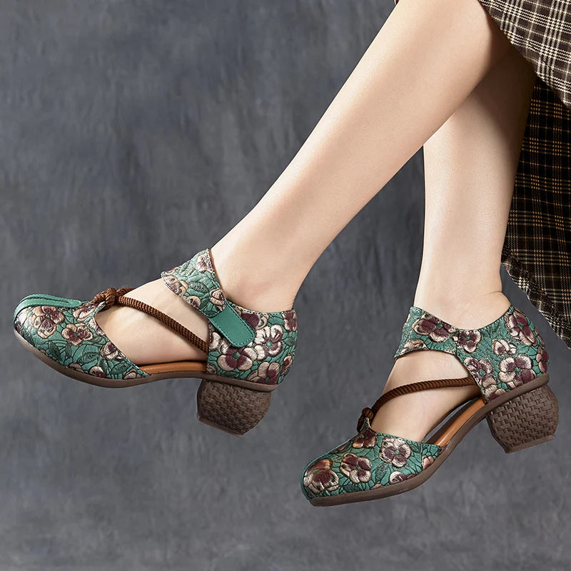 New Women Sandals | Genuine Leather Print | Thick Heels Sandals Retro Style Round Toe | Casual High Heel Shoes