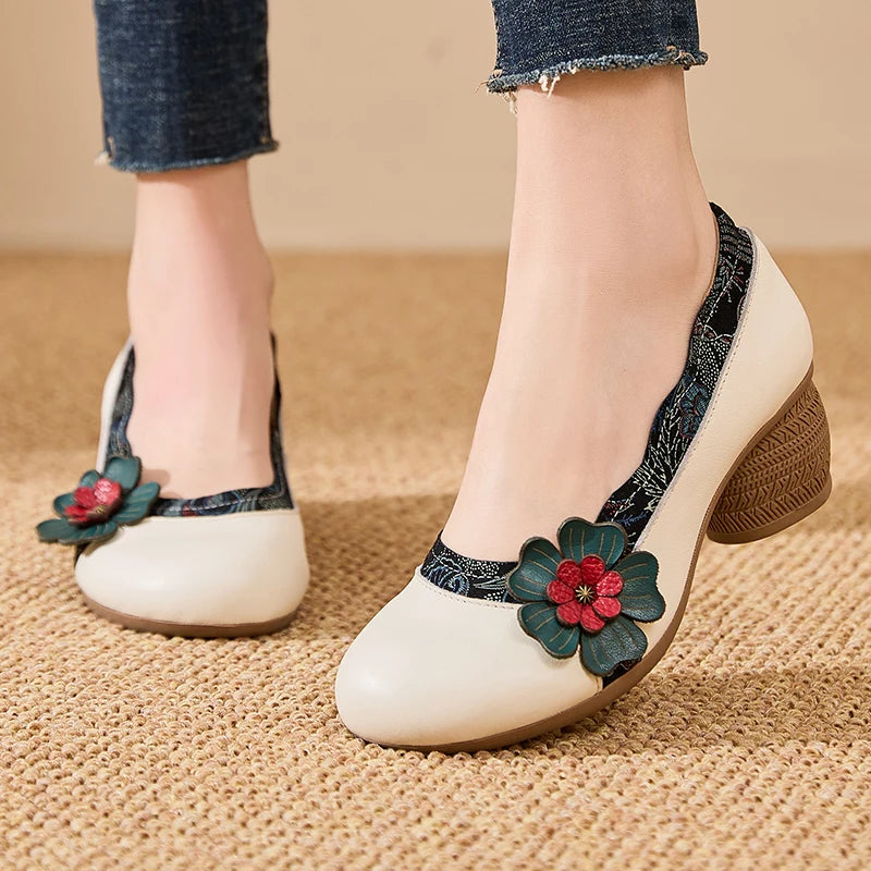 Spring Flower Genuine Cow Leather Shoes | Women Shoes Elegant Fashion Shoes
| Woman Retro Handmade Shoes High Heels