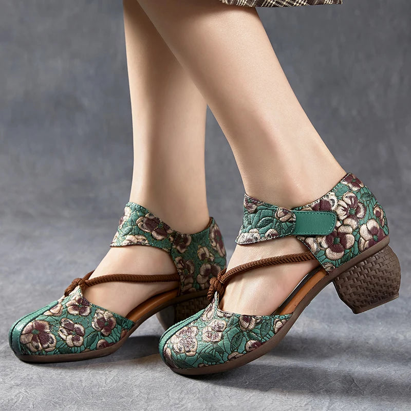 New Women Sandals | Genuine Leather Print | Thick Heels Sandals Retro Style Round Toe | Casual High Heel Shoes