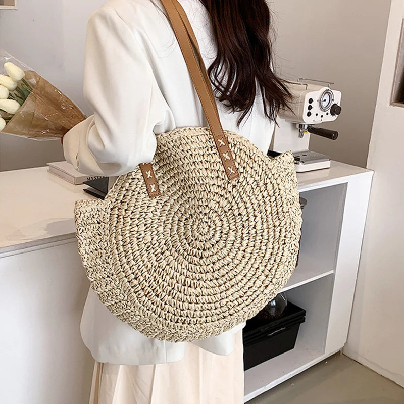 Hollow Woven Straw Bag | Round Shoulder Bag | Large Capacity Simple Round Woven Beach Bag