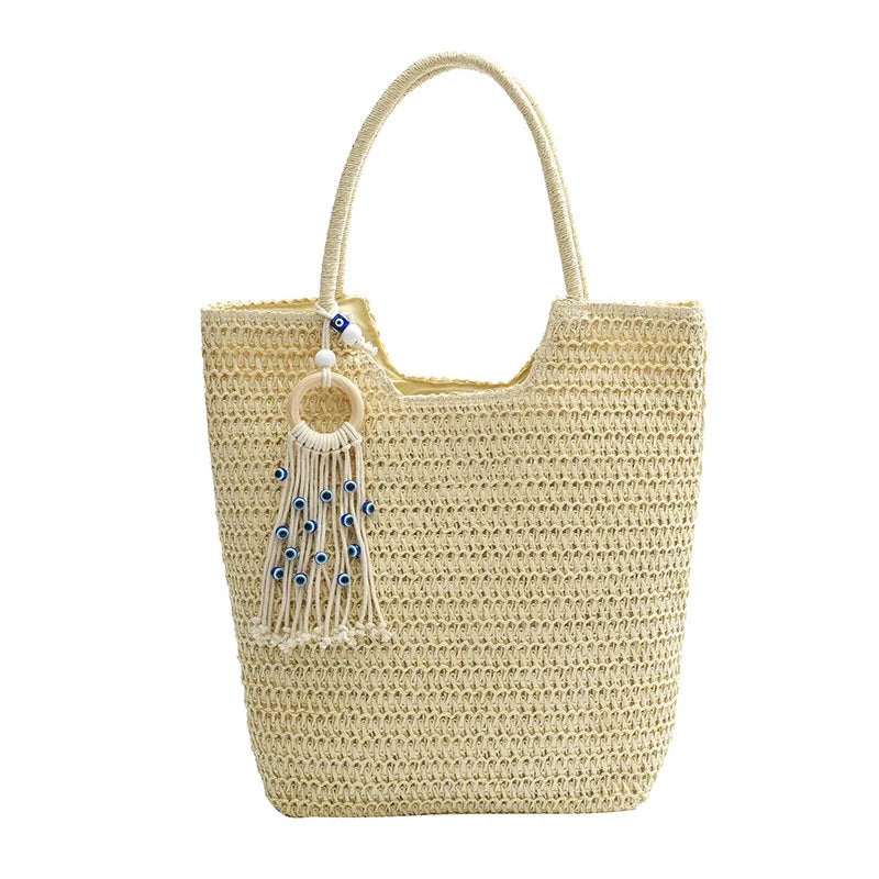 Large Capacity Summer Straw Woven Tote Bag with Fringe Embellished | Woven Women's Shoulder Bucket Bag