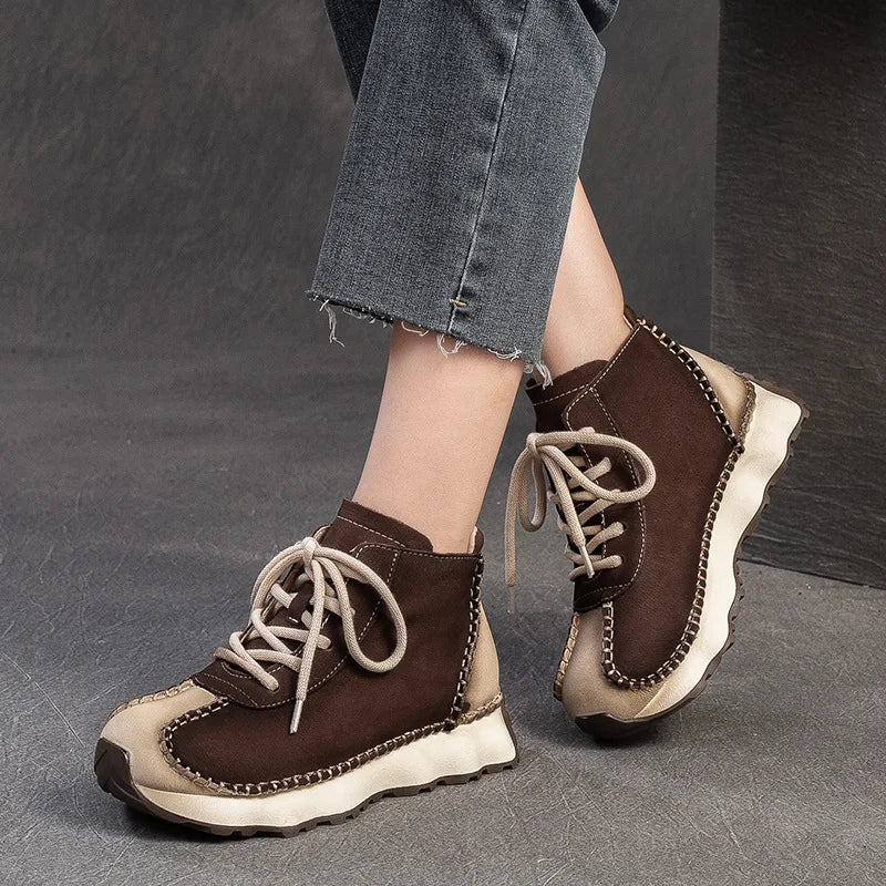 Genuine Leather Sneakers| Women Shoes Lace-up | Platform Flat Handmade Leisure Comfortable Ladies Shoes