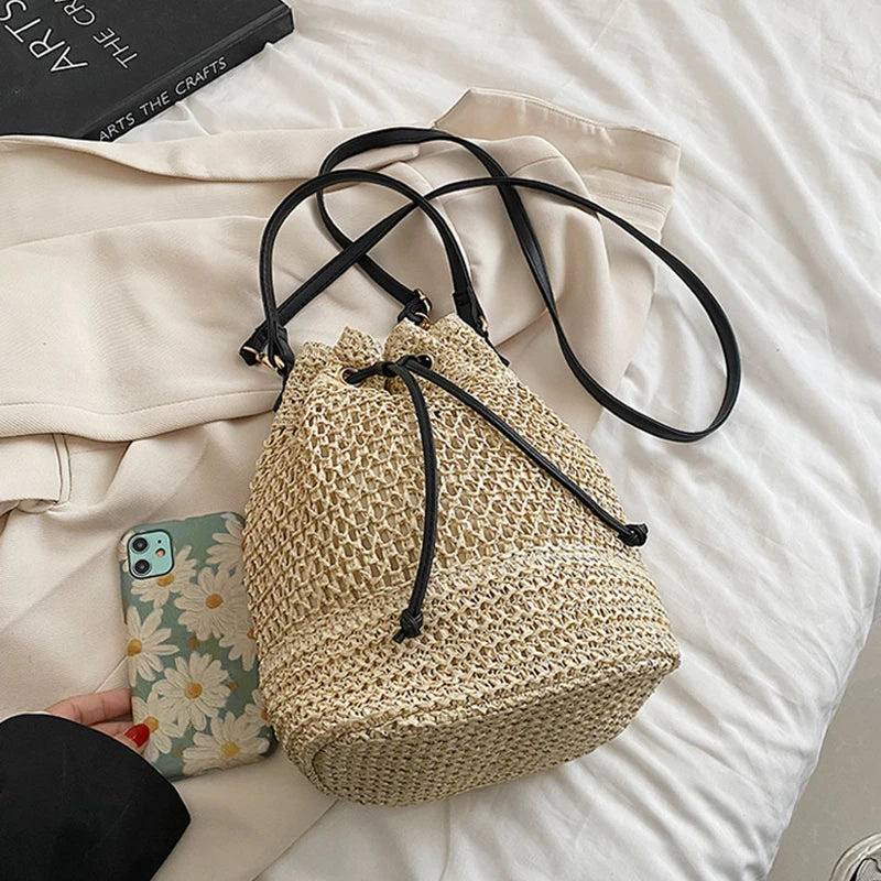 Woven Straw Bag Ladies Bucket Crossbody Bag | Summer Beach Bag Retro Travel Shoulder Bags | Small Travel Purse and Handbag For Women |