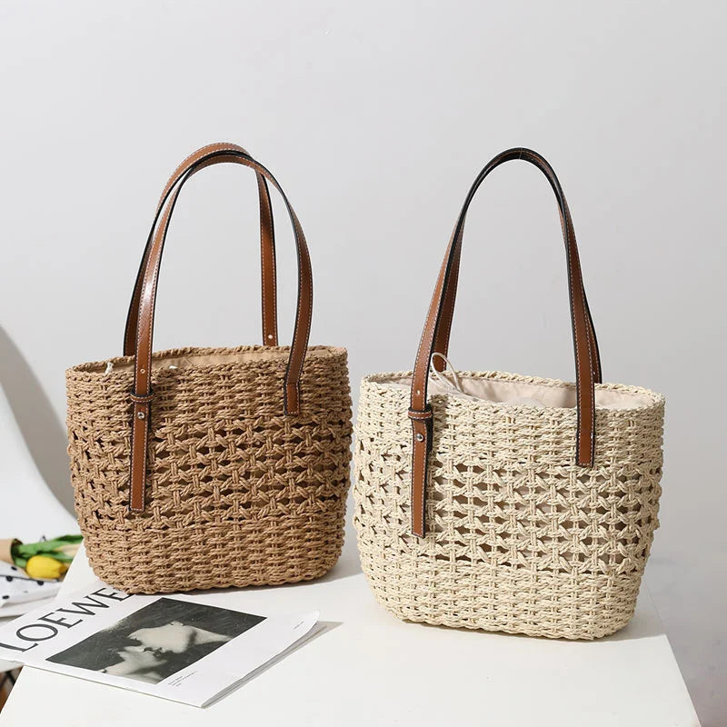 Casual Rattan Large Capacity Shopping Tote | Wicker Woven Women Handbags | Summer Beach Straw Bag | Lady Travel Big Basket