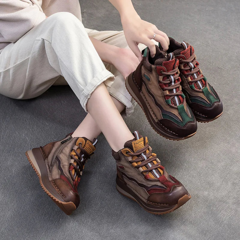 Genuine Leather Women Boots | Lady Platform Wedge Plush | Warm Causal Autumn Winter Fashion | Thick Bottom Sneakers Shoes