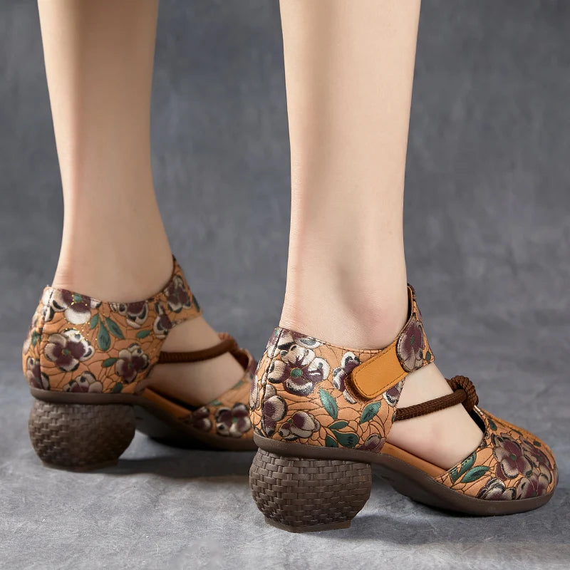 New Women Sandals | Genuine Leather Print | Thick Heels Sandals Retro Style Round Toe | Casual High Heel Shoes