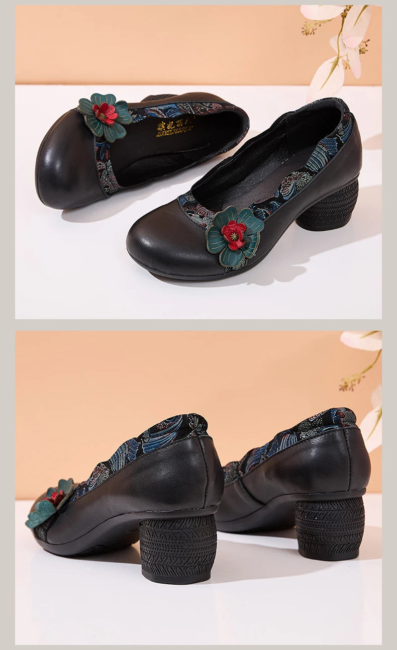 Spring Flower Genuine Cow Leather Shoes | Women Shoes Elegant Fashion Shoes
| Woman Retro Handmade Shoes High Heels