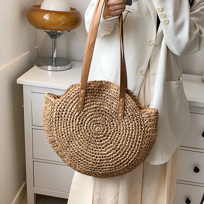 Hollow Woven Straw Bag | Round Shoulder Bag | Large Capacity Simple Round Woven Beach Bag