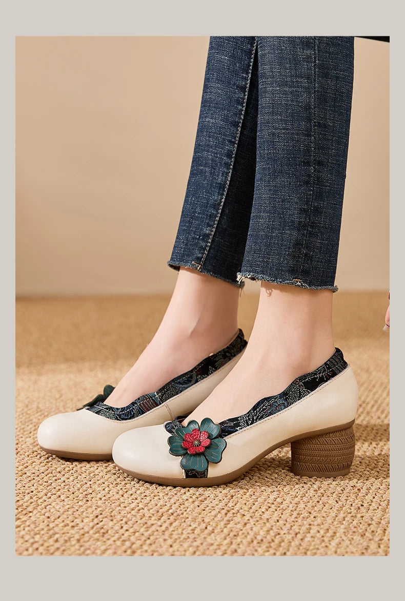 Spring Flower Genuine Cow Leather Shoes | Women Shoes Elegant Fashion Shoes
| Woman Retro Handmade Shoes High Heels