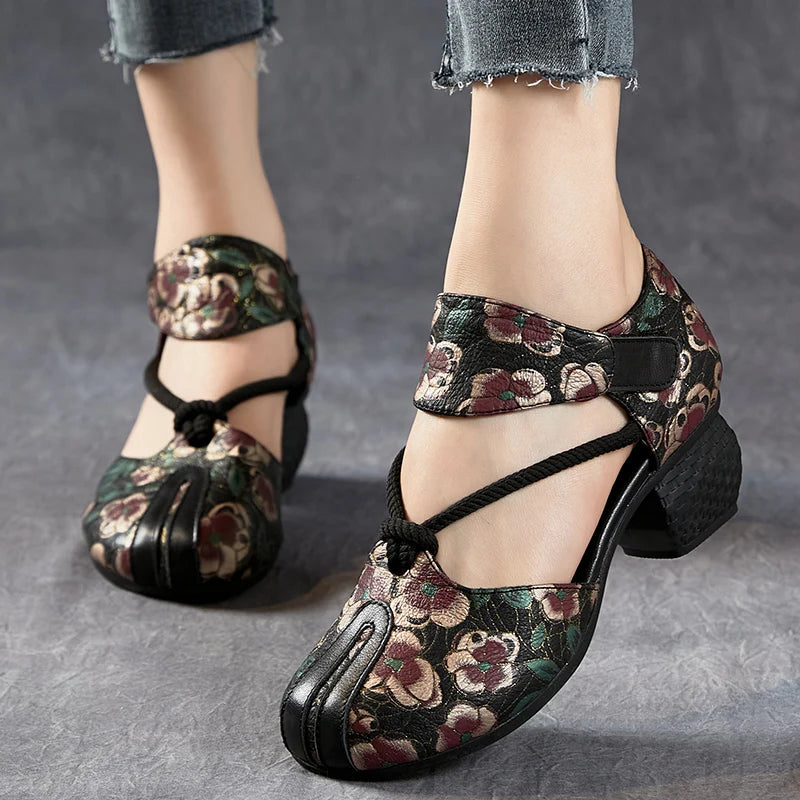 New Women Sandals | Genuine Leather Print | Thick Heels Sandals Retro Style Round Toe | Casual High Heel Shoes