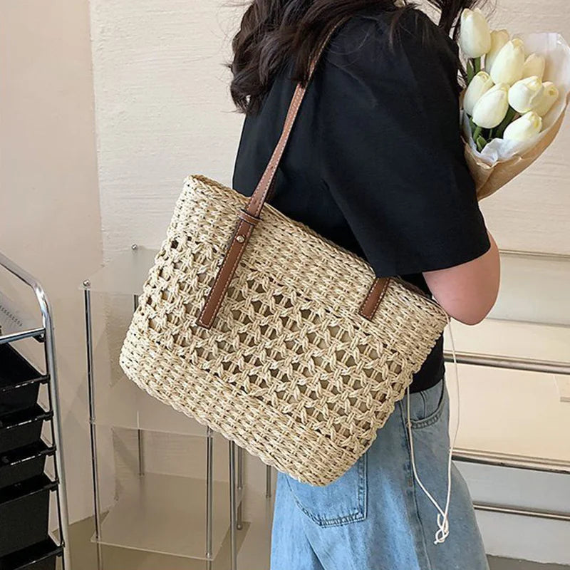 Casual Rattan Large Capacity Shopping Tote | Wicker Woven Women Handbags | Summer Beach Straw Bag | Lady Travel Big Basket