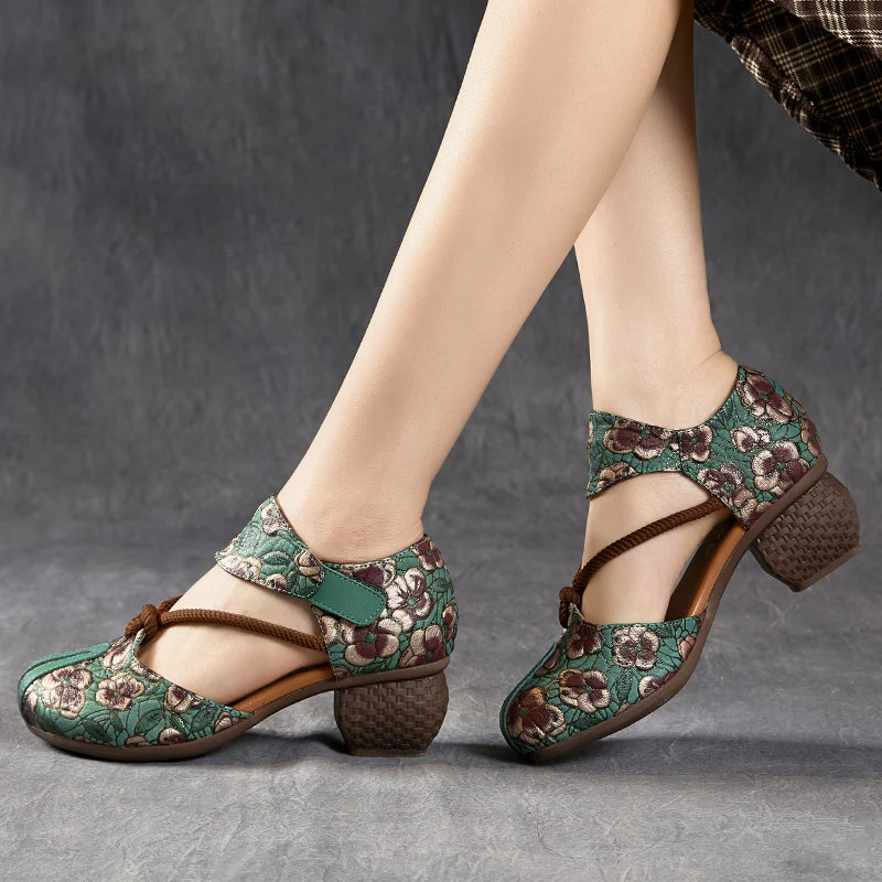 New Women Sandals | Genuine Leather Print | Thick Heels Sandals Retro Style Round Toe | Casual High Heel Shoes
