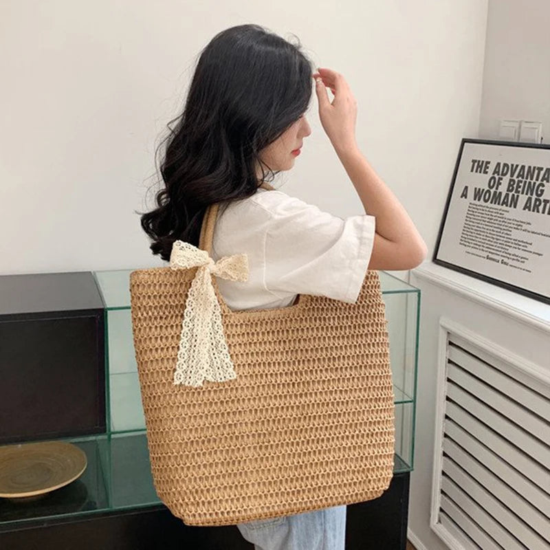 Spring And Summer Popular New Large Capacity Straw Woven Bag | Holiday Beach Bag | Women Versatile INS Handmade Shoulder Bag Tote