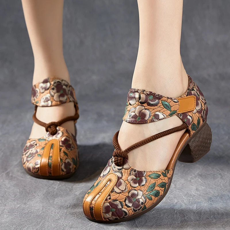 New Women Sandals | Genuine Leather Print | Thick Heels Sandals Retro Style Round Toe | Casual High Heel Shoes