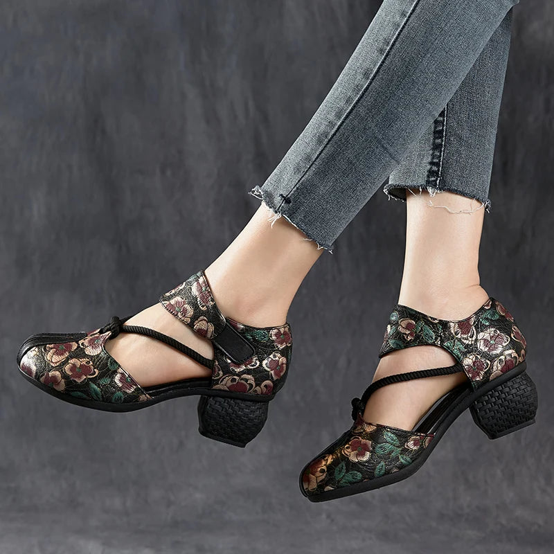 New Women Sandals | Genuine Leather Print | Thick Heels Sandals Retro Style Round Toe | Casual High Heel Shoes