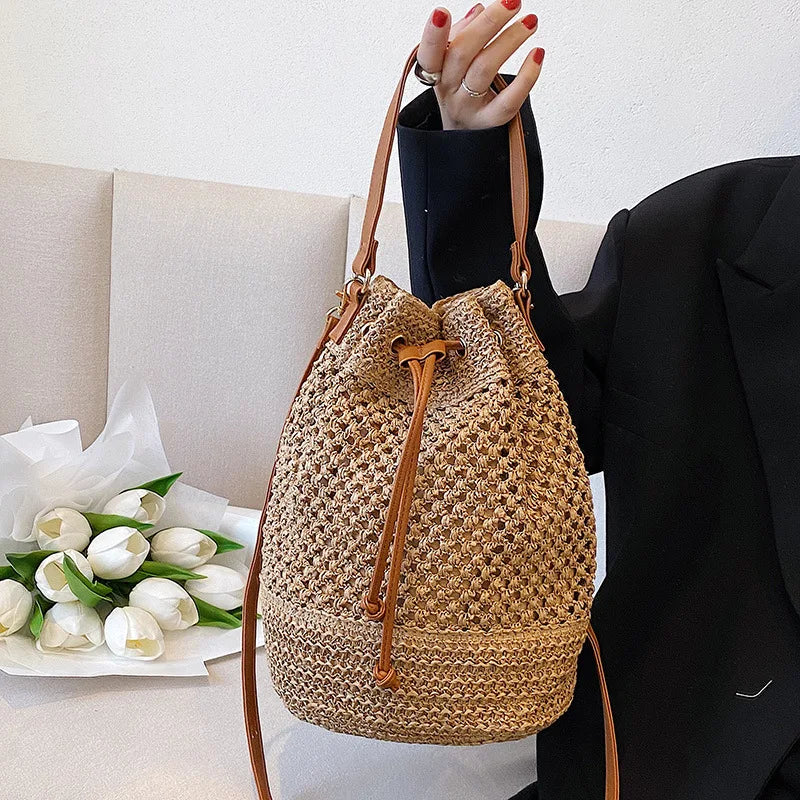 Woven Straw Bag Ladies Bucket Crossbody Bag | Summer Beach Bag Retro Travel Shoulder Bags | Small Travel Purse and Handbag For Women |