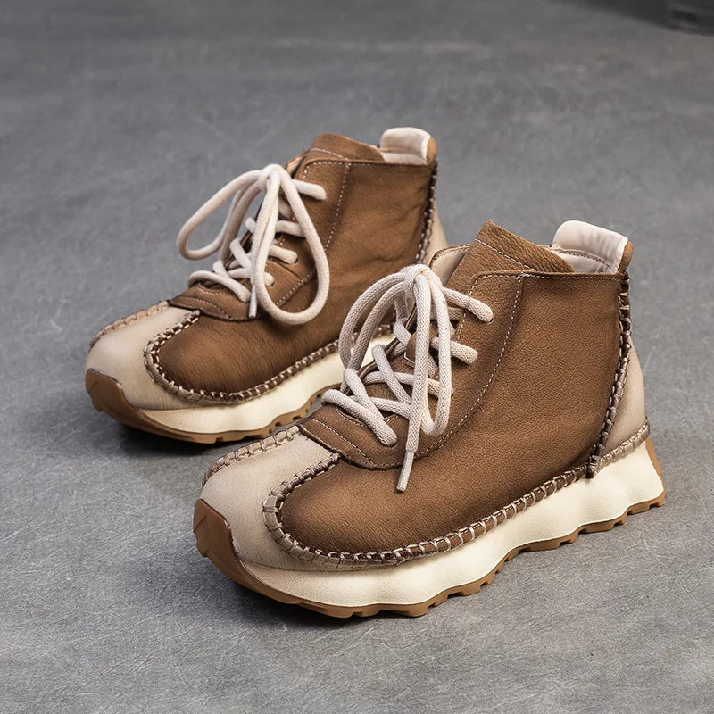 Genuine Leather Sneakers| Women Shoes Lace-up | Platform Flat Handmade Leisure Comfortable Ladies Shoes