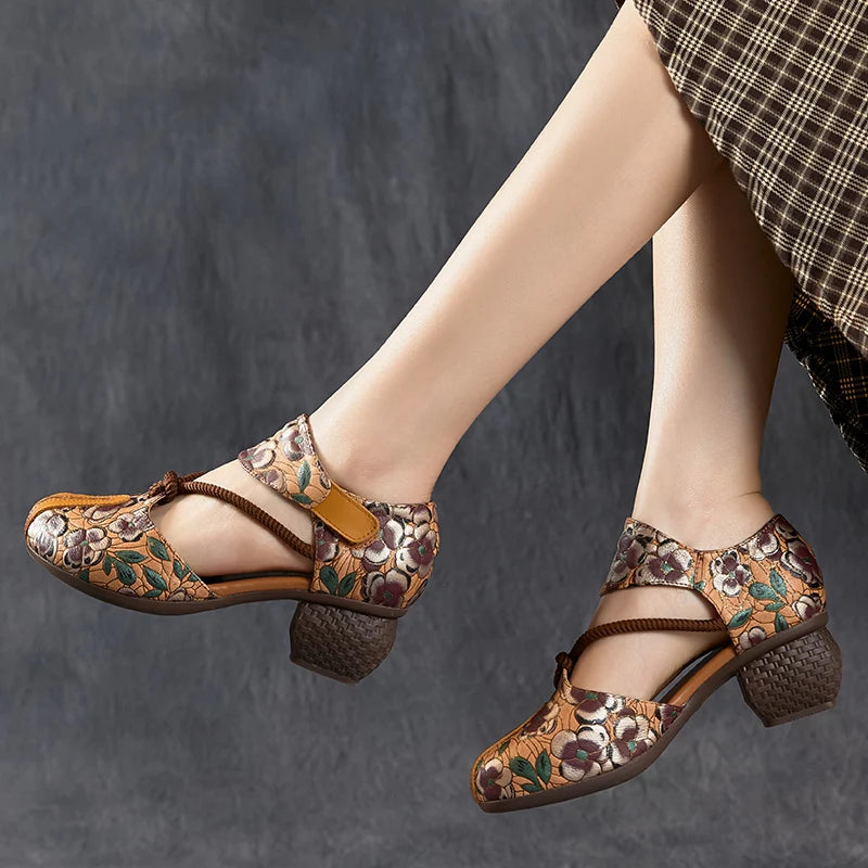 New Women Sandals | Genuine Leather Print | Thick Heels Sandals Retro Style Round Toe | Casual High Heel Shoes